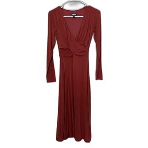 Express V Neck Long Sleeve Midi Faux Wrap Dress Rust Red Orange XS